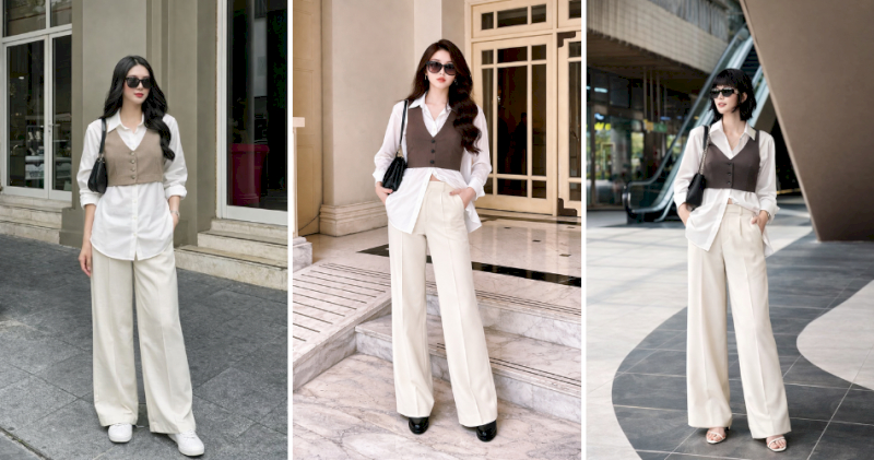 Sơ mi oversize phối gile croptop và quần ống rộng thời thượng